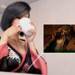 Kazumi sipping coffee